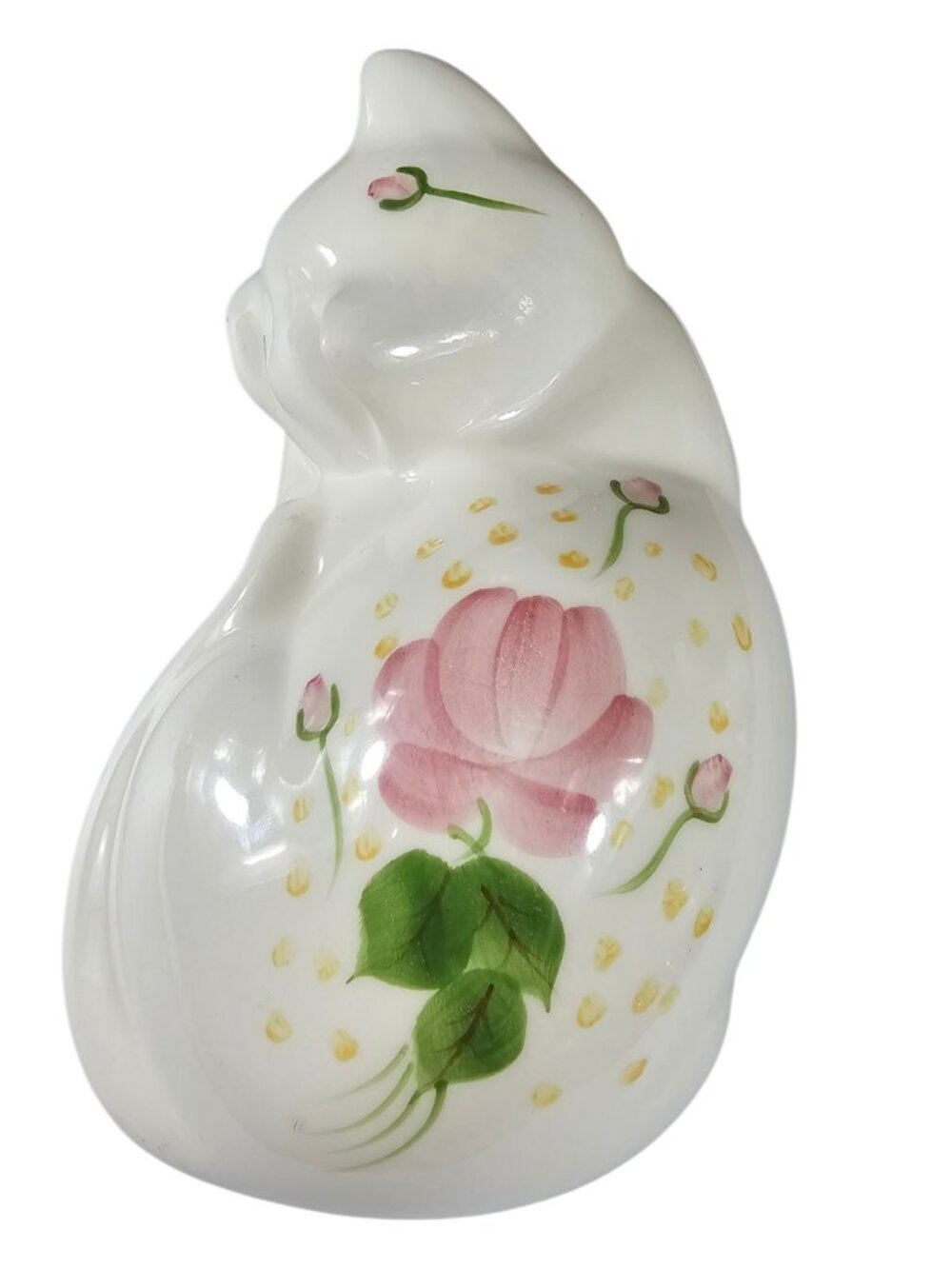 Vintage Sleeping Cat Ceramic Figurine White Pink Flowers Hand Painted - Picture 5 of 10
